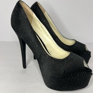 Black Crystal Embellished Peep-Toe High Heels